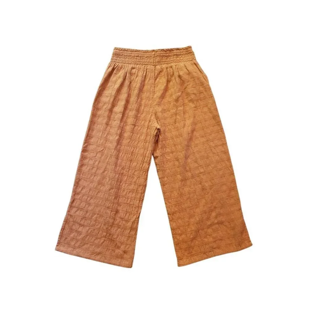 Aerie Pants Women's Medium Orange Wide Leg Cropped Smocked Boho Beach Check